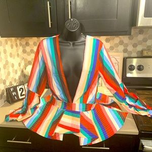 Multicolor Sexy 🌈 Blouse with bubble sleeves low v cut in front